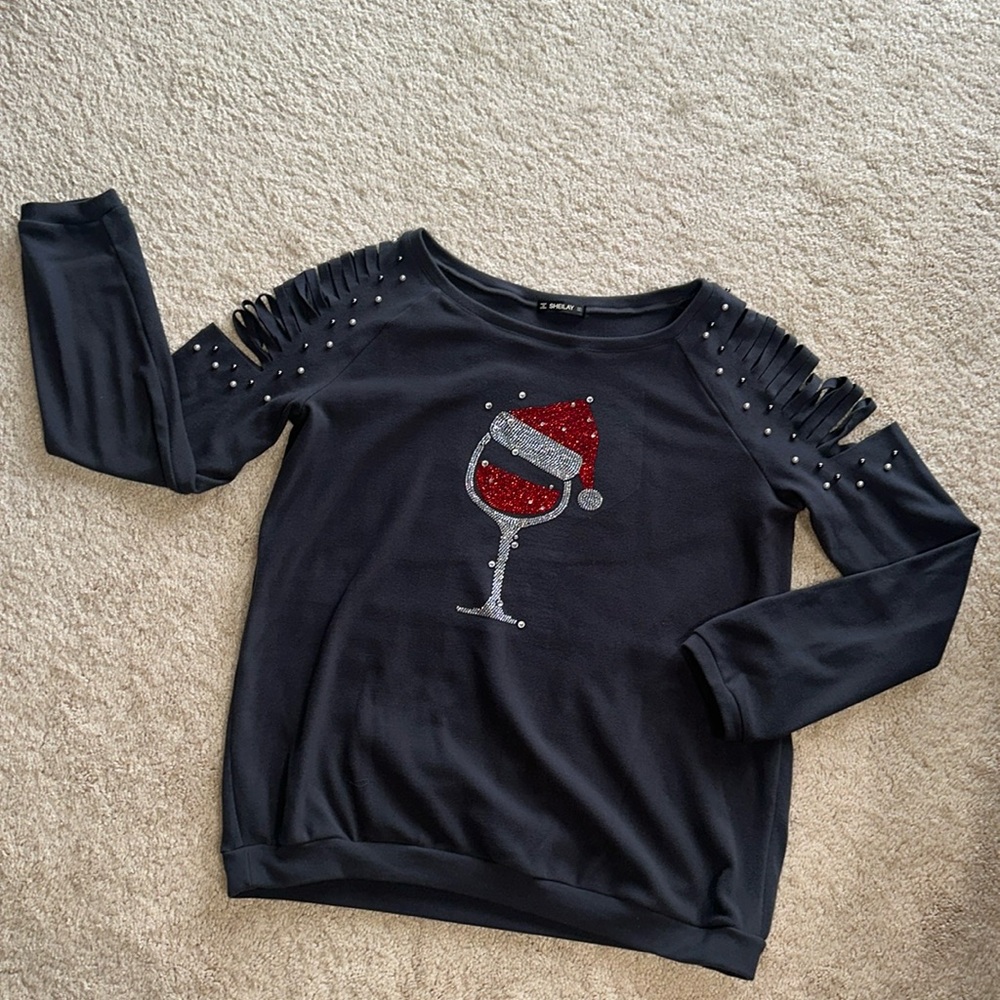 So Soft Charcoal Fancy Jeweled Wine Glass Sweatshirt 🍷 🎅🏼
